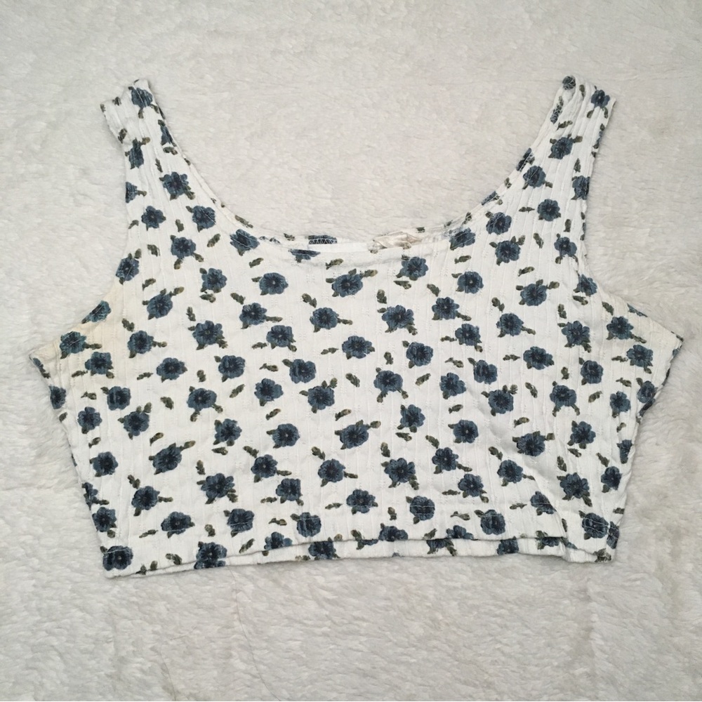 90s Vintage Simply Basic White Eyelet Blue Floral Print Crop Tank Top L